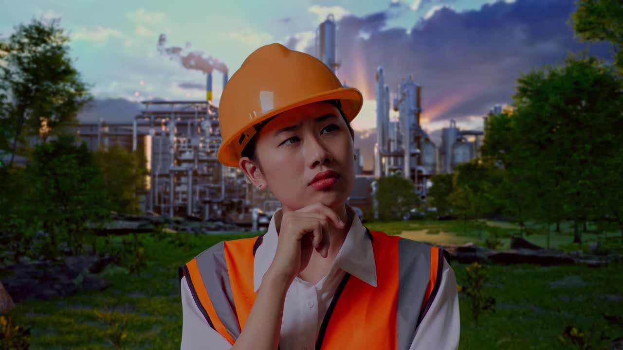 Close Up Of Asian Female Engineer With Safety Helmet Thinking And Looking Around Then Raising Her Index Finger While Standing In Front Of Oil Refinery