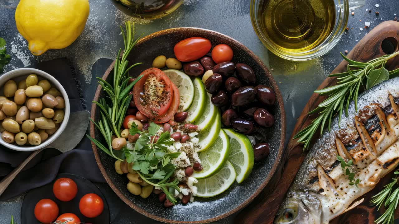 Mediterranean culinary composition displaying grilled fish, olives, tomatoes, feta cheese, lime, representing balanced healthy eating with vibrant fresh ingredients and aromatic herbs