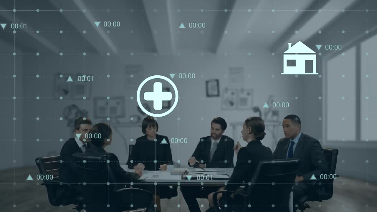 데이터 프로세싱 및 미디어 아이콘의 애니메이션이 사무실에서 다양한 비즈니스 사람들 위에 있습니다.