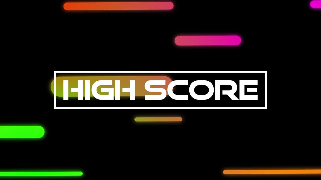 Animation of high score text with colourful bars moving on black background
