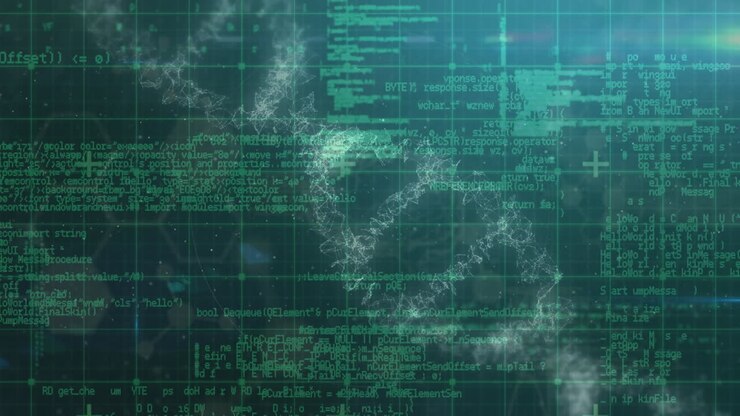 Animation von weißen Kreisen und einem DNA-Strang über Datenverarbeitung vor schwarzem Hintergrund.