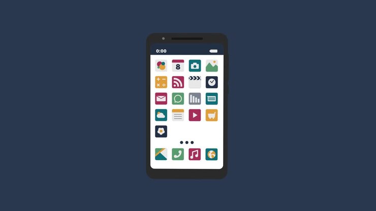 Fake 2D - 3D black phone animation. App icons in screen. Animated background with textures and cold colors.