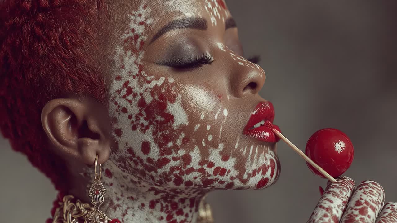 A Stunning Portrait of a Woman with Unique Body Art and Vibrant Red Hair, Capturing the Essence of Beauty and Artistic Expression in a Close-Up Shot
