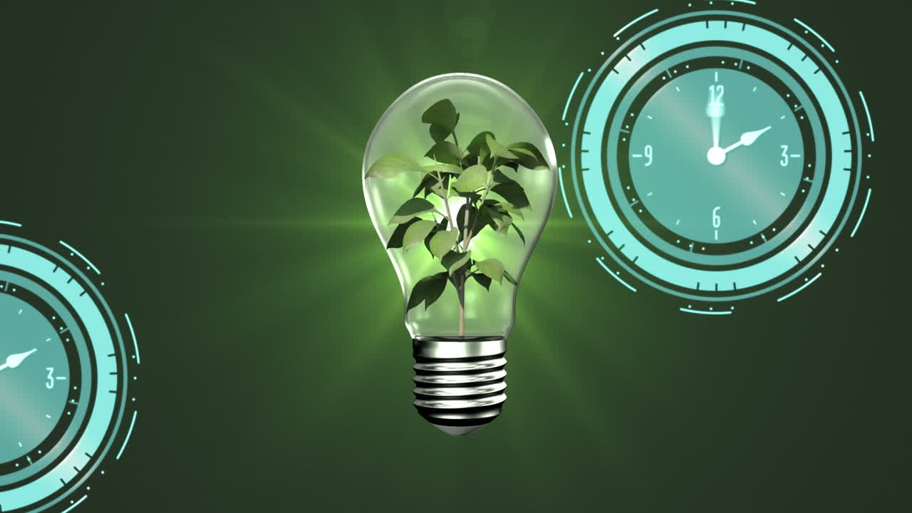 Animation of clock moving over lightbulb and plant