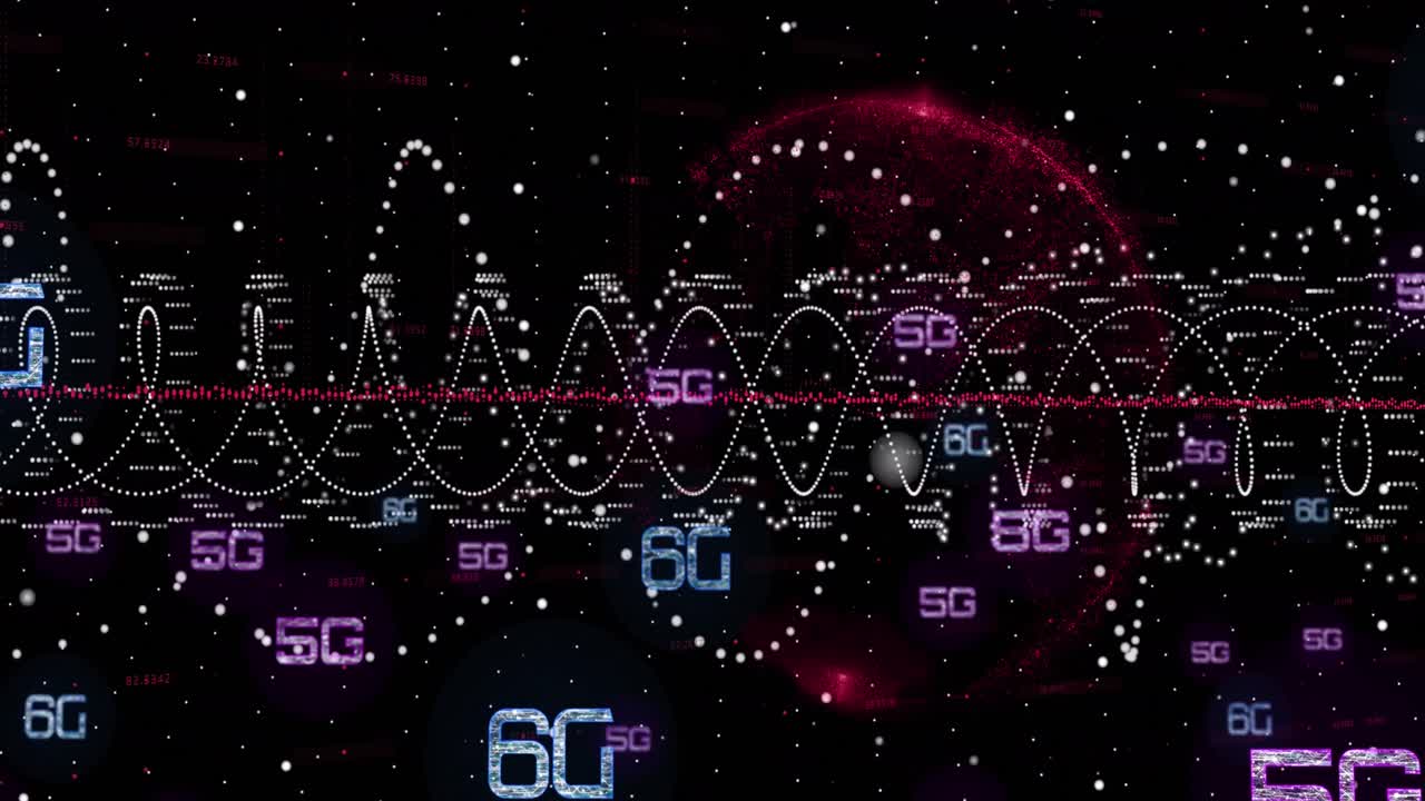 Animation of 6g text and financial data processing over black background