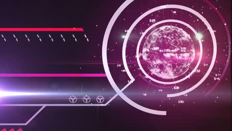animation of scope scanning and globe of network of connections on purple background