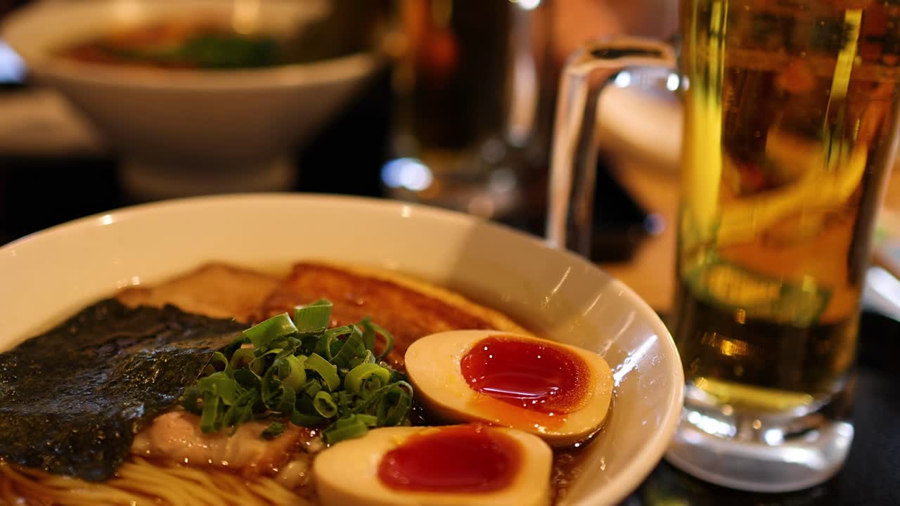 A detailed view of a ramen bowl with eggs, seaweed, and a glass of beer.
