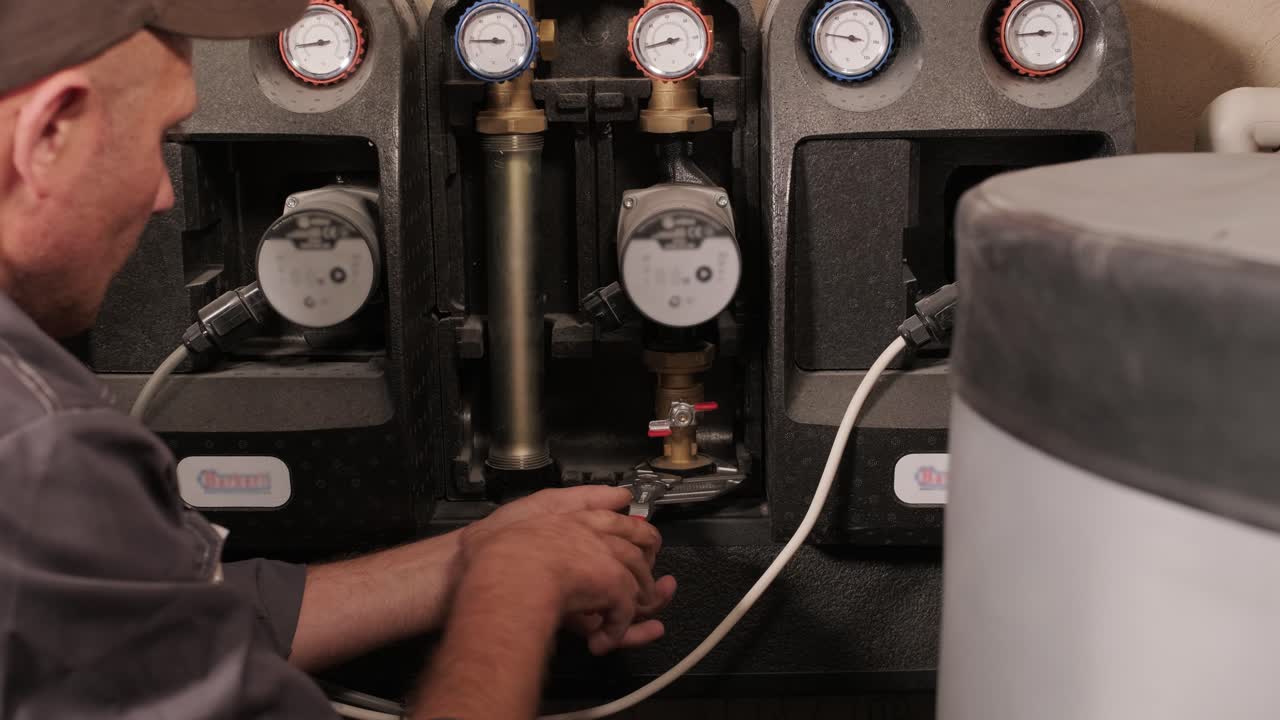 hvac 기술자는 난방, 환기 및 에어컨 시스템을 설치합니다.