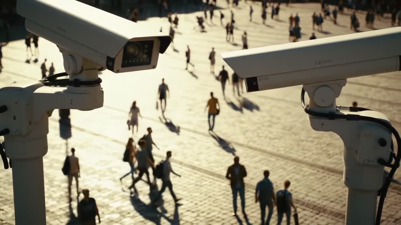 Surveillance in Action: An Overhead View Capturing Two Cameras Watching Over a Busy Public Square with Pedestrians Walking Beneath the Glare of Evening Light