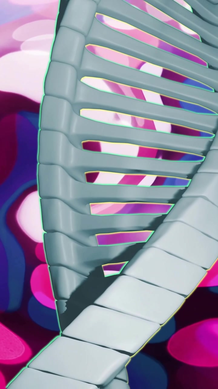 Animation of dna strand over pink and purple shapes moving