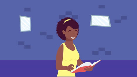mujer afro leyendo libro de texto animación