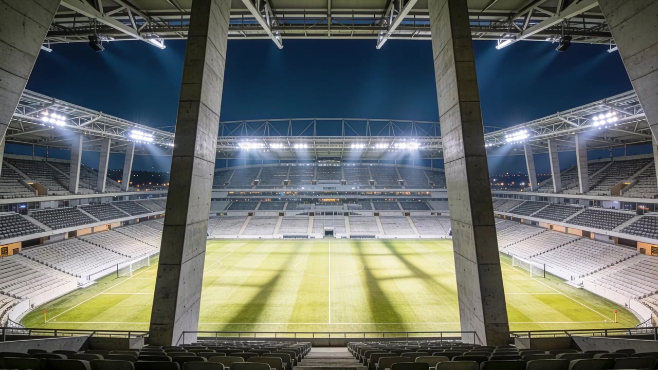 Fari mobili che proiettano ombre in movimento sul campo in erba dello stadio di notte, incorniciato da pilastri.