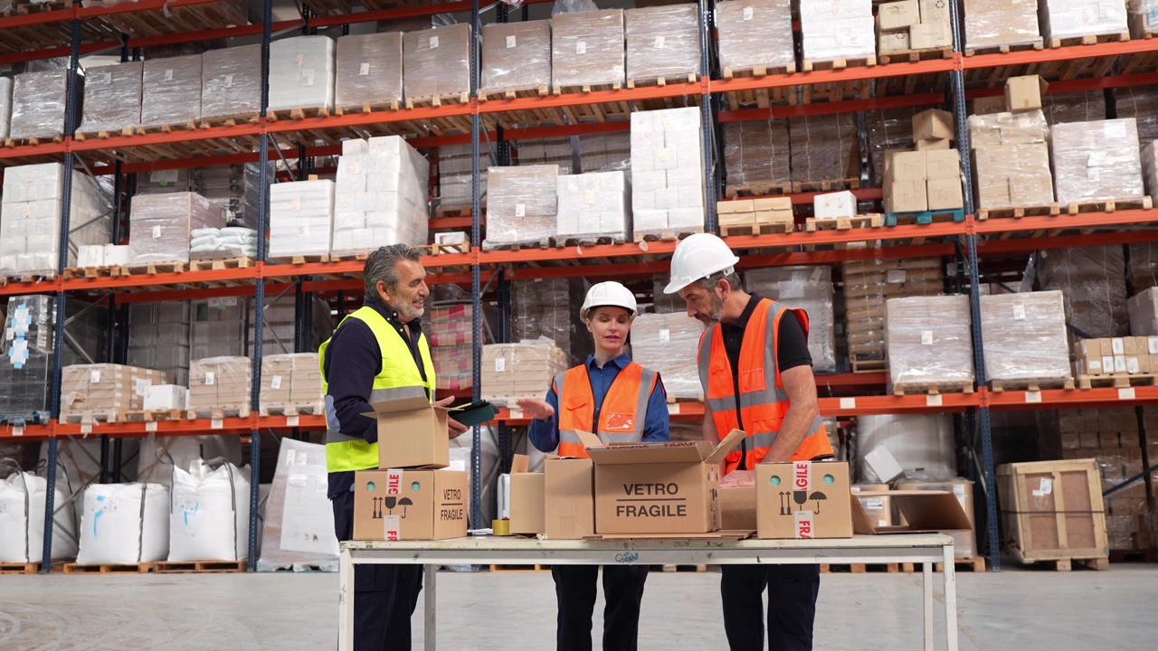 Trabajadores de almacén inspeccionando y empaquetando artículos frágiles
