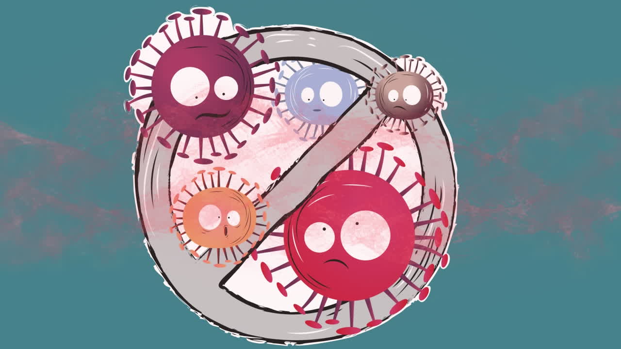 코로나19 세포의 애니메이션과 파란색 배경에 들어가는 표지판이 없습니다.