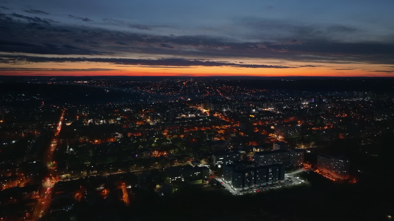 Aerial drone view of Chisinau city at night, blue hour. Moldova