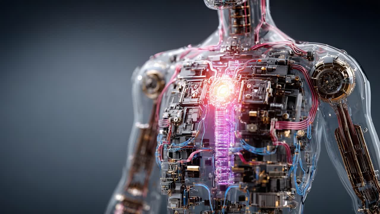 A Stunning Futuristic Cyborg Model Showcasing Advanced Technology and Intricate Internal Components with a Glowing Core, Blending Innovation and Design in a Human-like Form