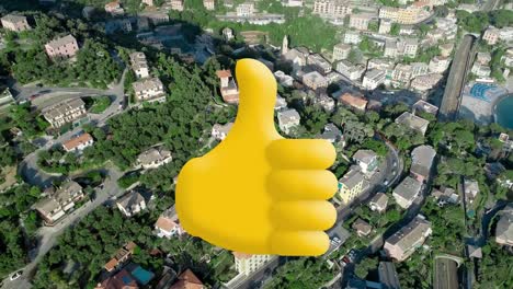 Digital-composition-of-thumbs-up-icon-against-aerial-view-of-cityscape