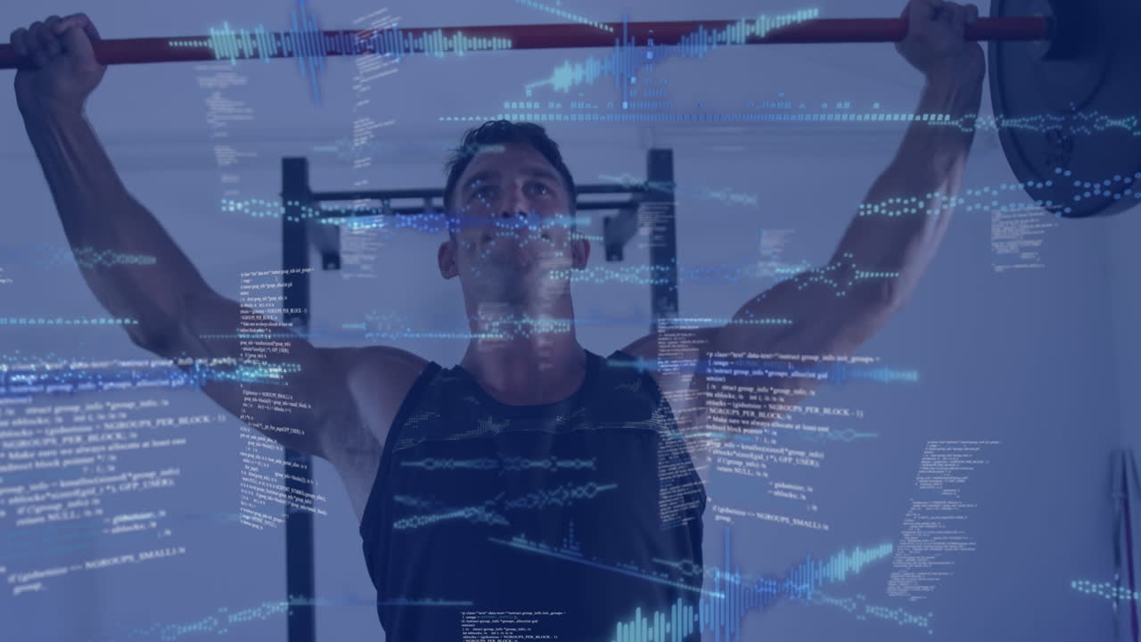 animación del procesamiento de datos sobre el hombre levantando pesas, haciendo ejercicio en el gimnasio.