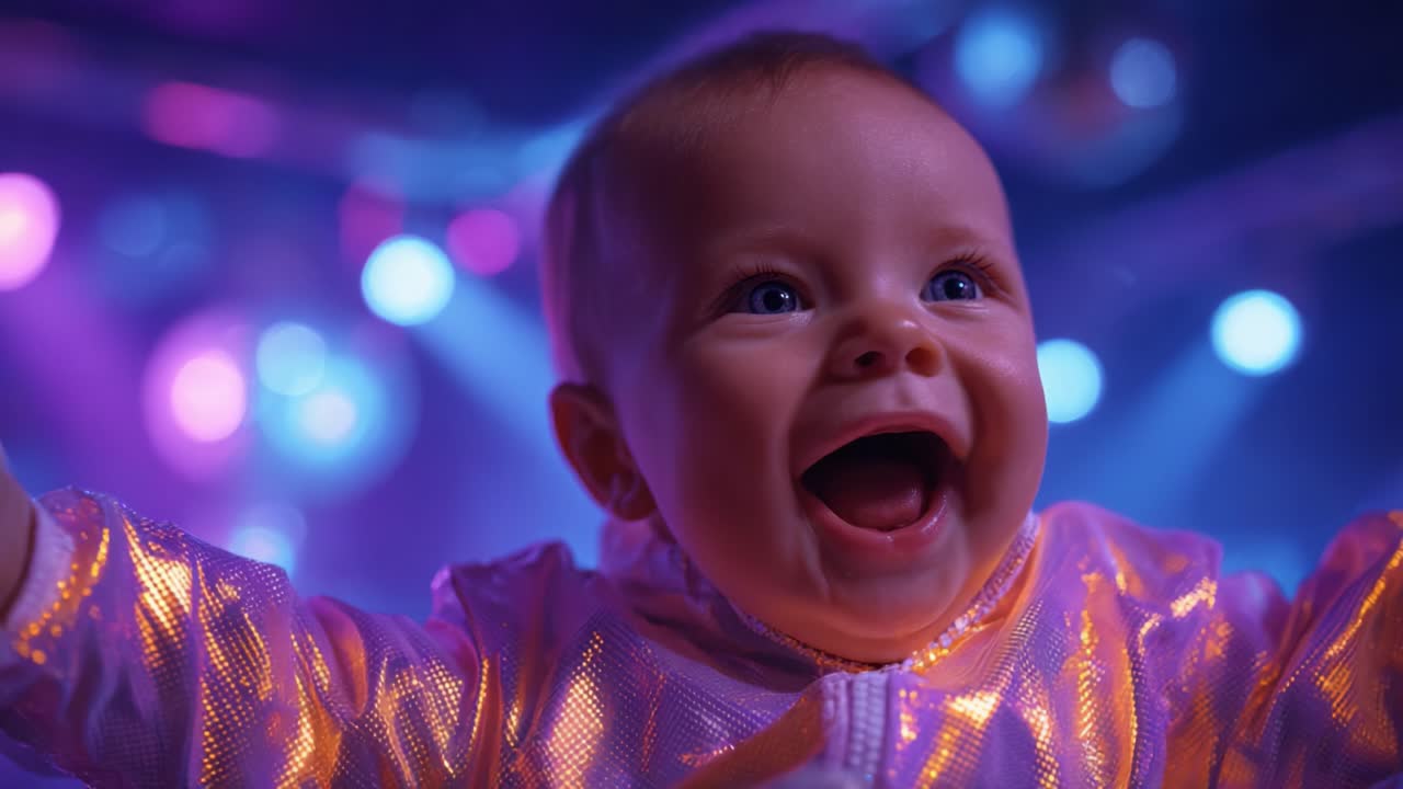 Fröhliches Baby, das ein farbenfrohes Fest unter bunten Lichtern mit einem breiten Lächeln in einer magischen Atmosphäre voller Spaß und Freude genießt