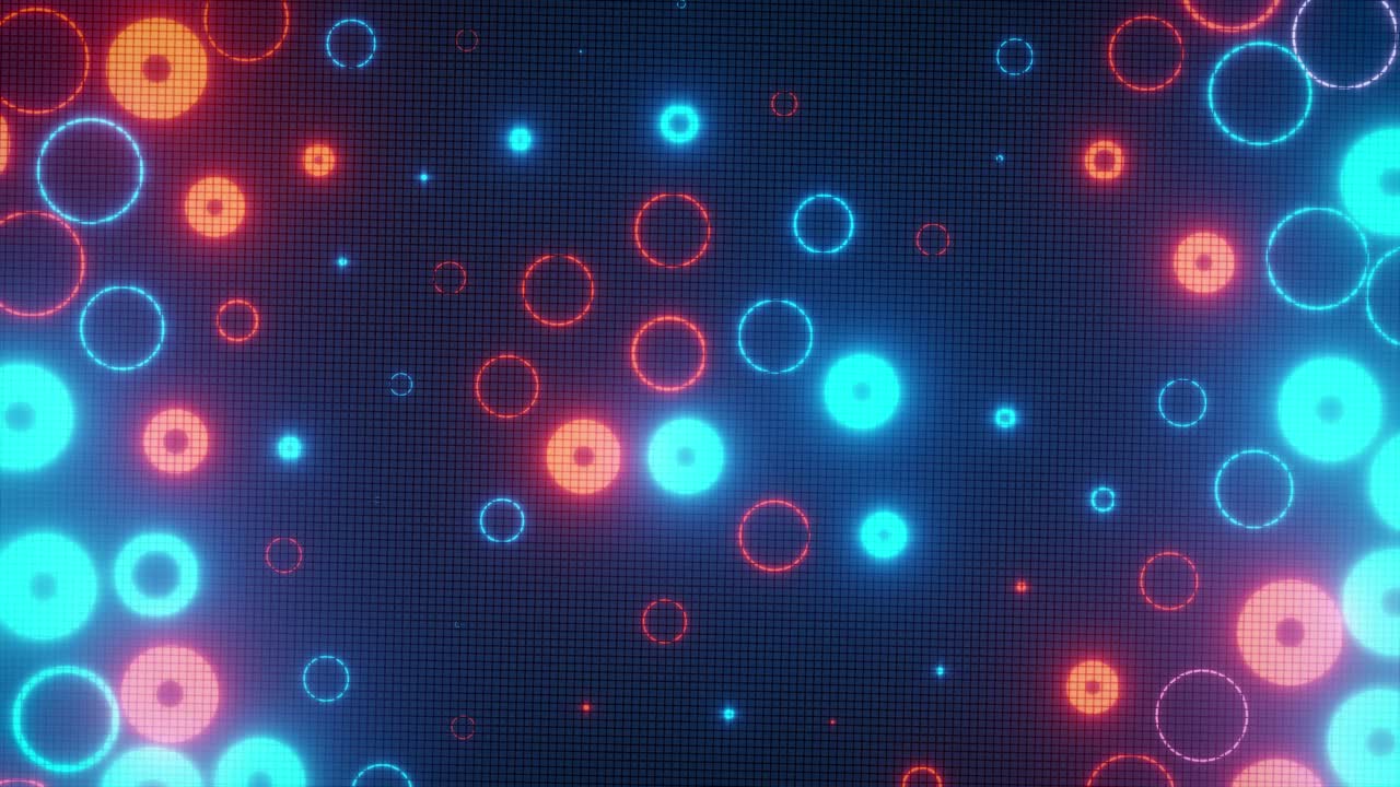 Cerchi e punti al neon luminosi astratti che pulsano su una griglia digitale
