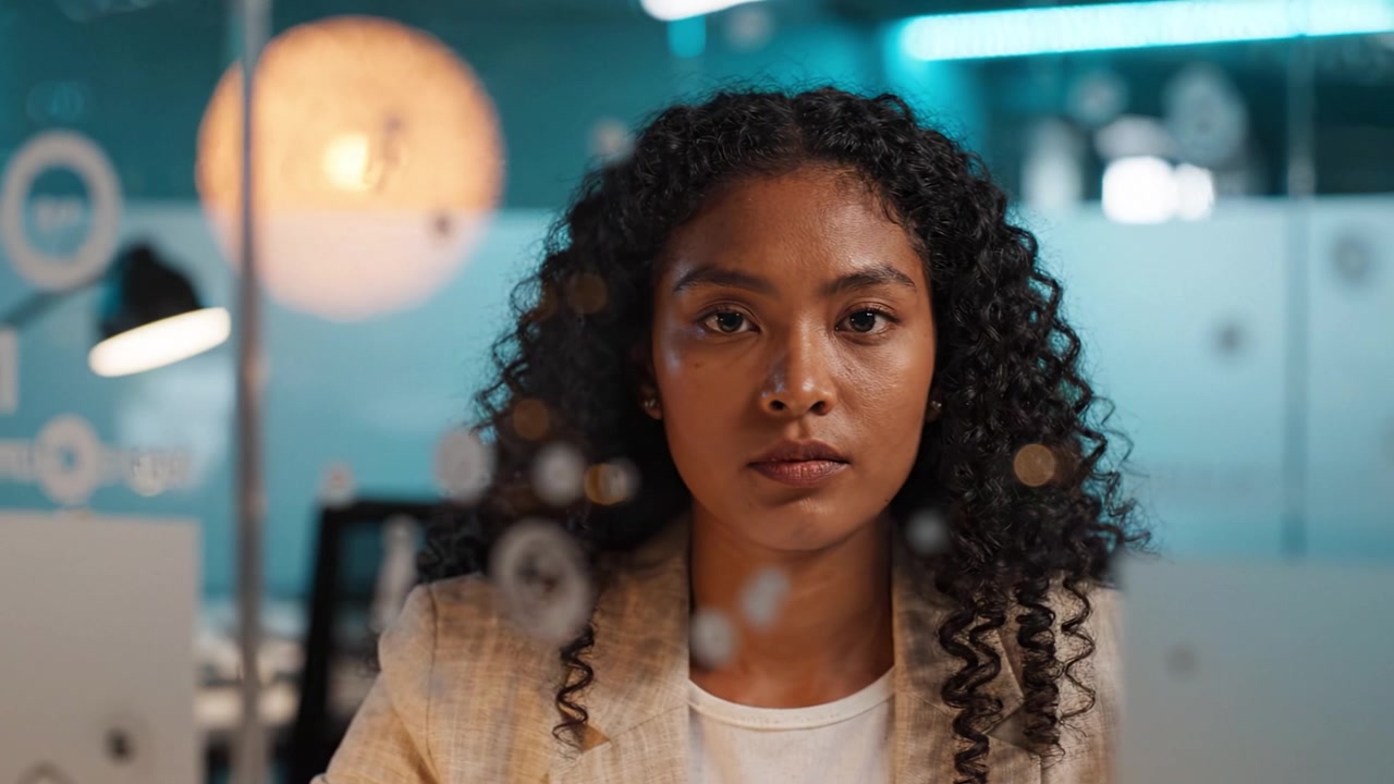 A focused young woman with curly hair sitting at a workspace, gazing intently through a transparent divider with soft lighting and a serene background ambiance.