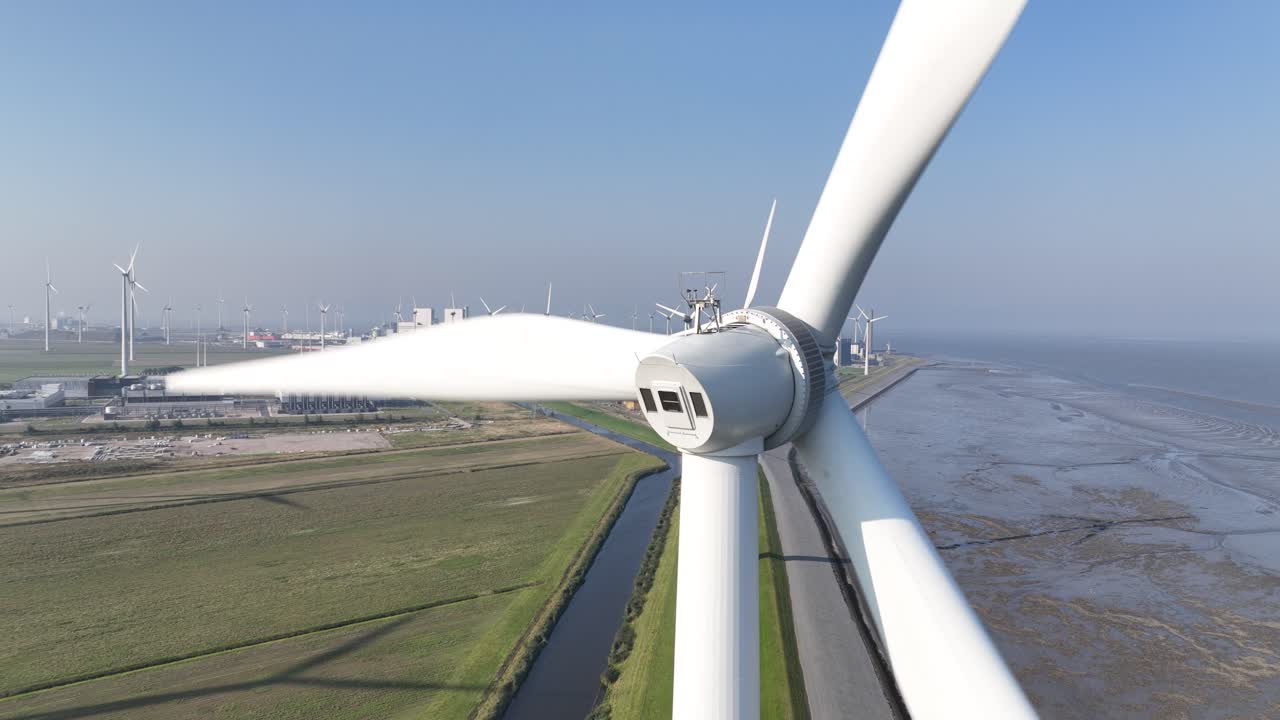 Wind turbines, sustainable energy in the Eemshaven, The Netherlands. Aerial drone view.