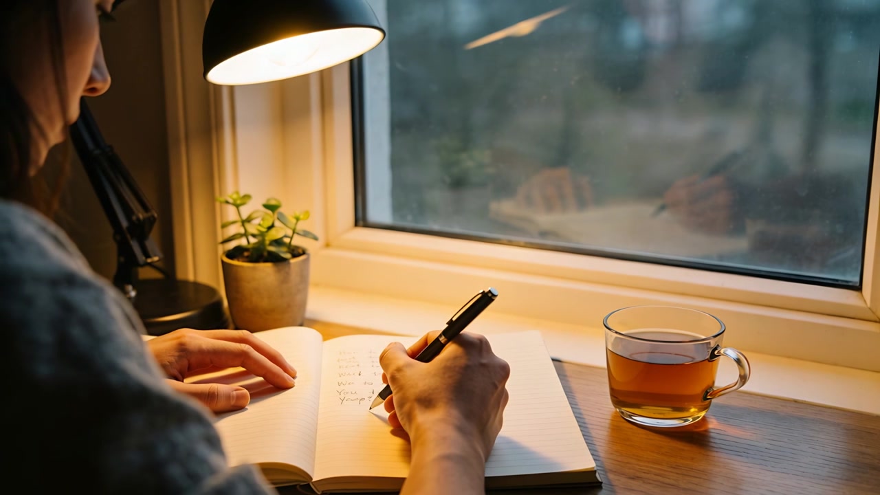 Inclinato in avanti, scrittore che annota una lista su un quaderno alla scrivania di casa con una penna, indossando un maglione, spazio per il testo
