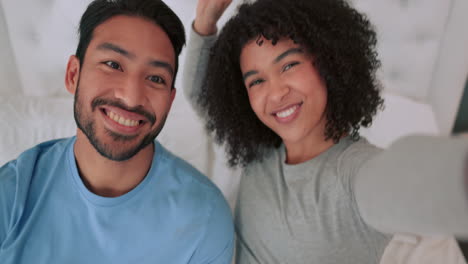 selfie, love and happy influencer couple lying