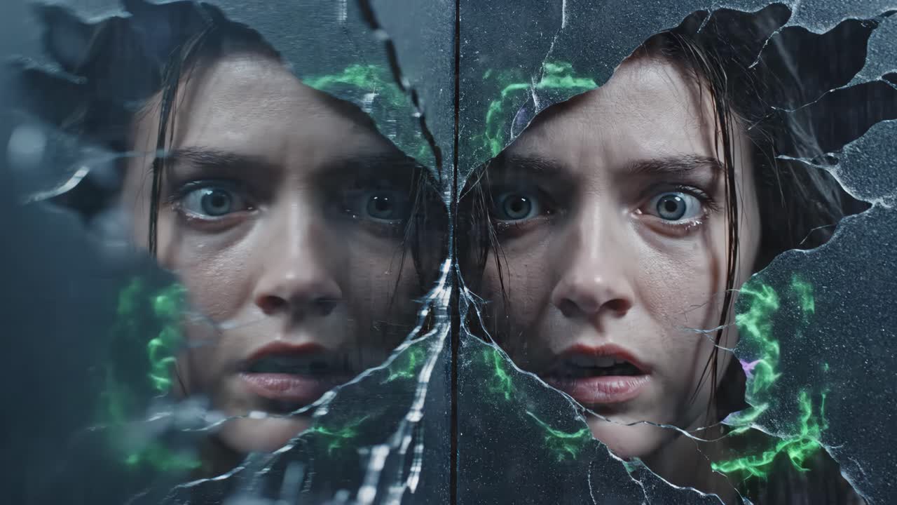 Woman Facing Her Reflection in Shattered Mirror