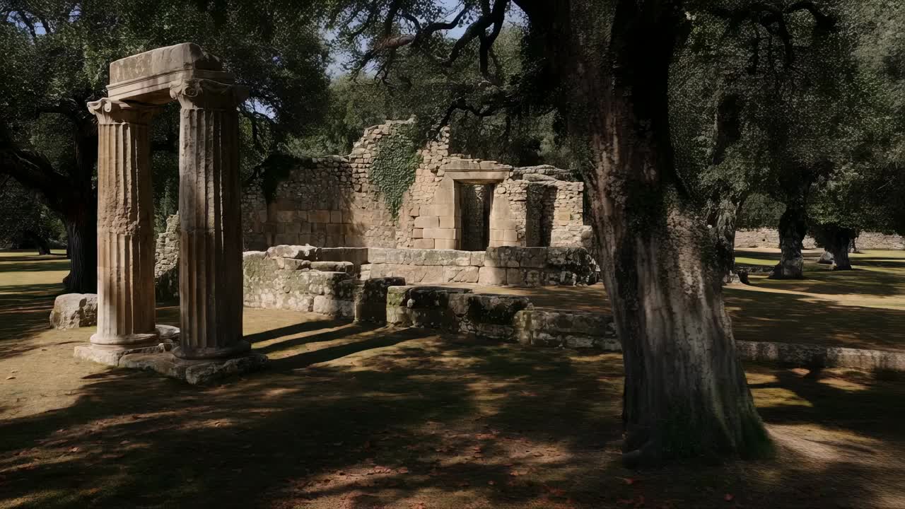 Panoramica con la camera che rivela una coppia di colonne scanalate in pietra in un sito diroccato, inquadrando l'ingresso e i dettagli