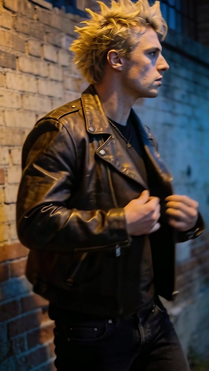 Vertical video: Adjusting man preparing for shoot after camera cue, zipping leather jacket in alley