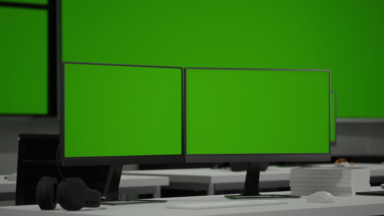 큰 초록색 화면 앞의 테이블에 두 개의 모의 녹색 화면 데스크을 근접으로 사무실의 제어 보안 센터 방에서 수평 모의