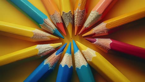 crayons colorés disposés en motif circulaire sur une surface jaune