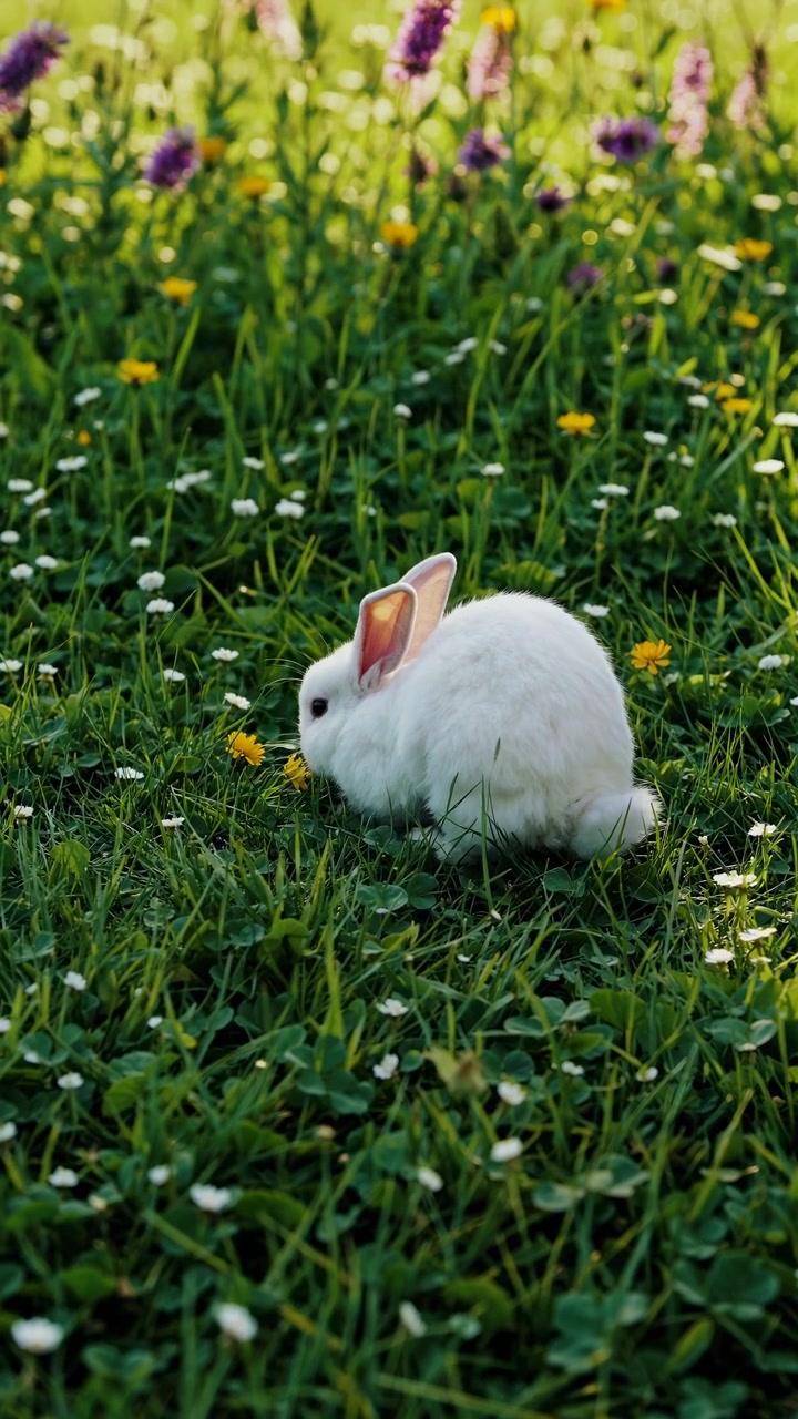 Un piccolo coniglio bianco seduto in un prato erboso con fiori selvatici