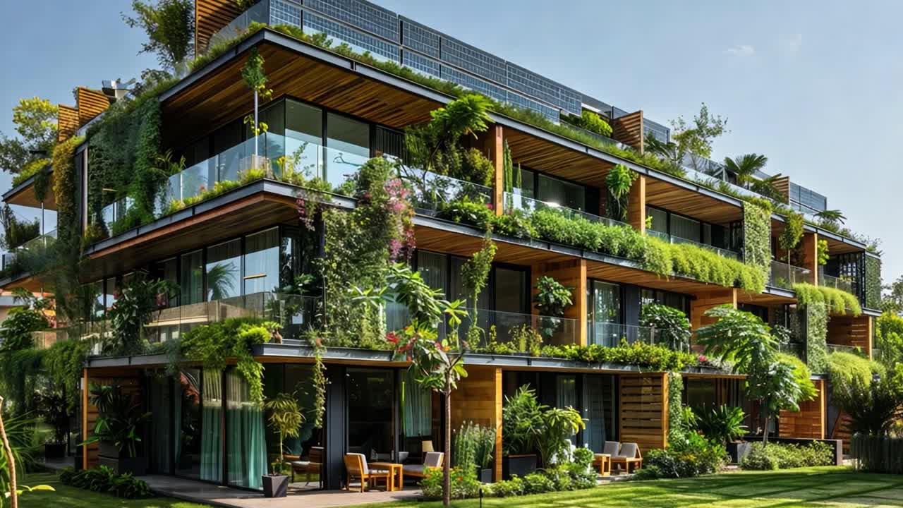 Modern Green Building with Vertical Gardens and Solar Panels