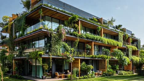 modern green building with vertical gardens and solar panels