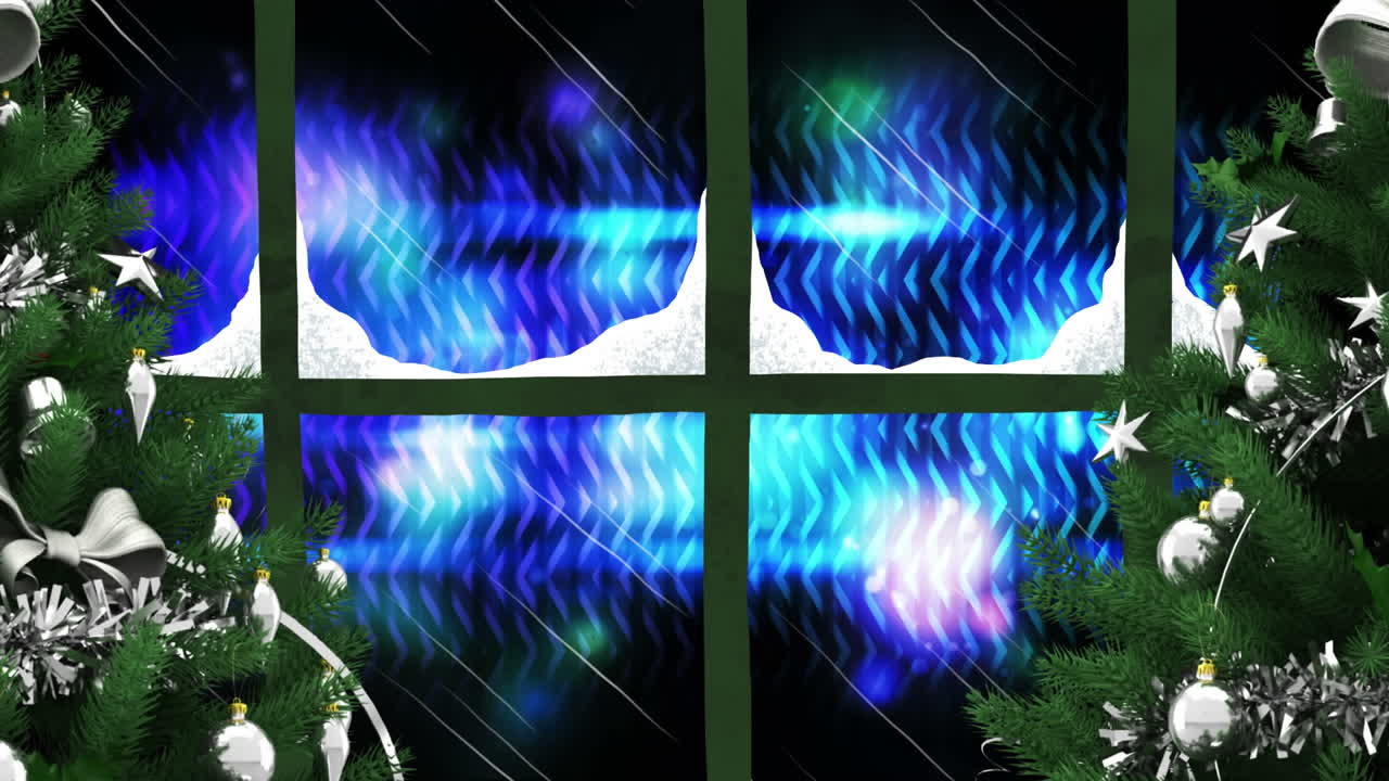 dos árboles de navidad y un marco de ventana contra manchas de luz y rastros de luz sobre un fondo azul