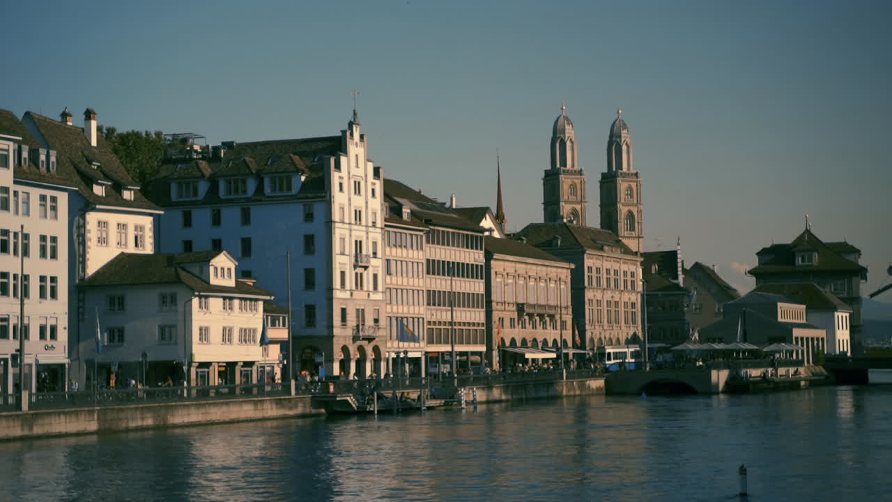 Zurich view of historic city center with famous Fraumunster and Grossmunster Churches and river Limmat at Lake Zurich, Canton of Zurich, Switzerland