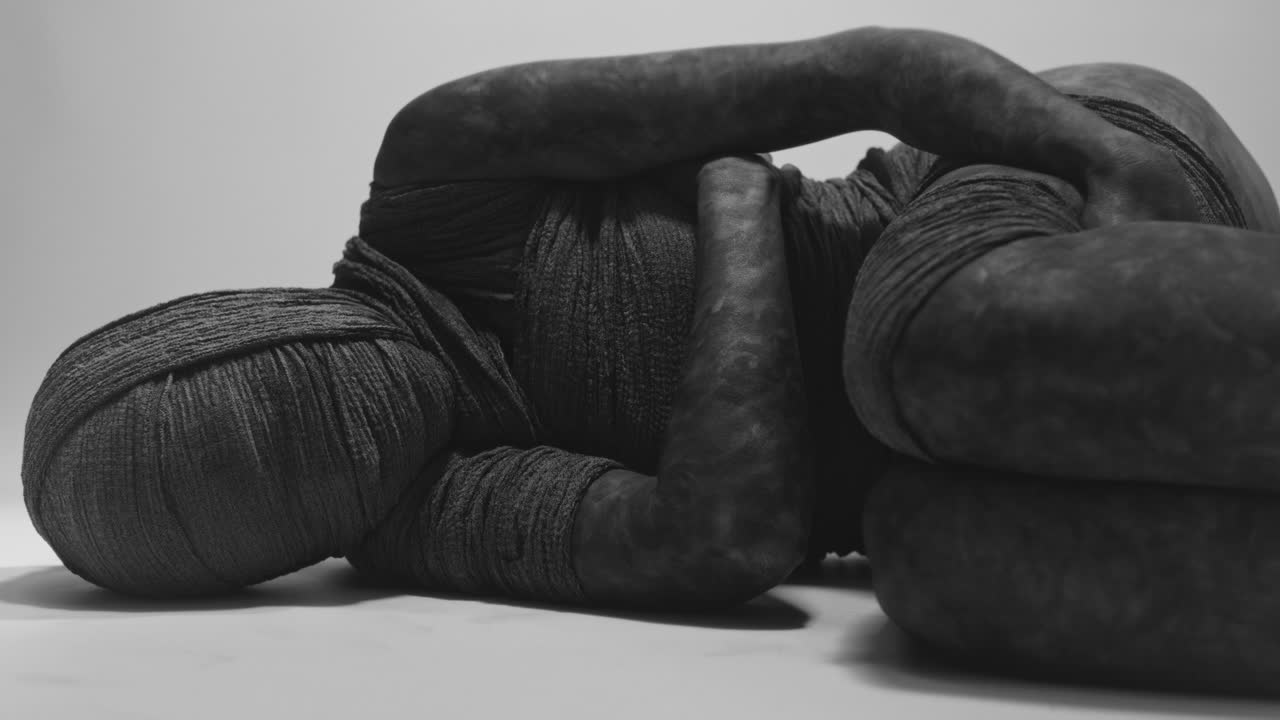 A mummy of a woman lying on the white backdrop