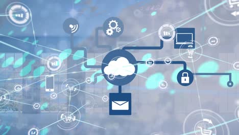 animation of digital graphical cloud computing interface with numbers and dots moving over windows