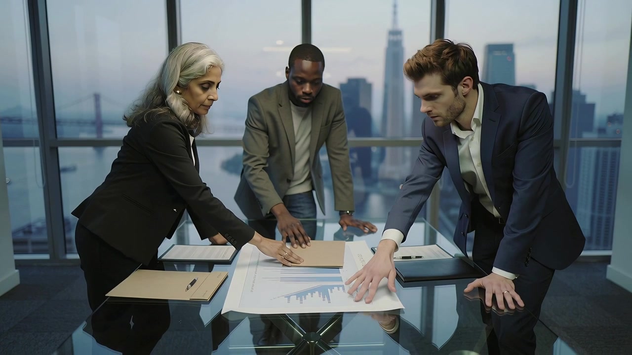 Leaning three execs in suits examining chart spread on glass table at office, moving manila folder