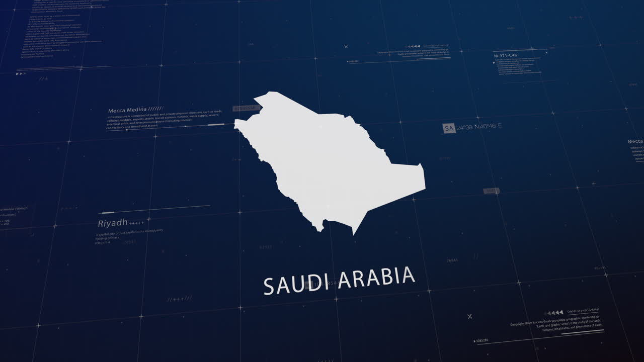 Saudi Arabia country map comes to life with cinematic panning, unveiling key details, the capital, and slogan, providing an engaging background for corporate and commercial use