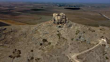 turkey castles: tumlu castle: aerial panorama in 4k, majestic castle: aerial view from steep hill