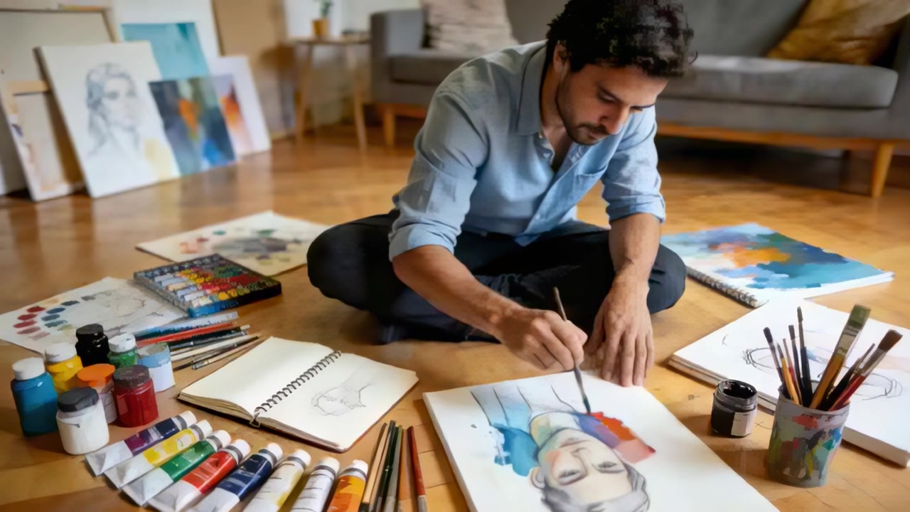 Painting man in blue shirt, leaning over paper in living room, mixing paints to refine portrait