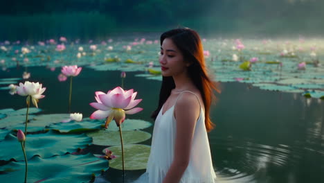 a woman among lotus flowers in a tranquil pond