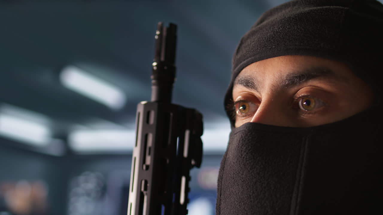 Close up of masked insurgent inspecting room capturing enemy base