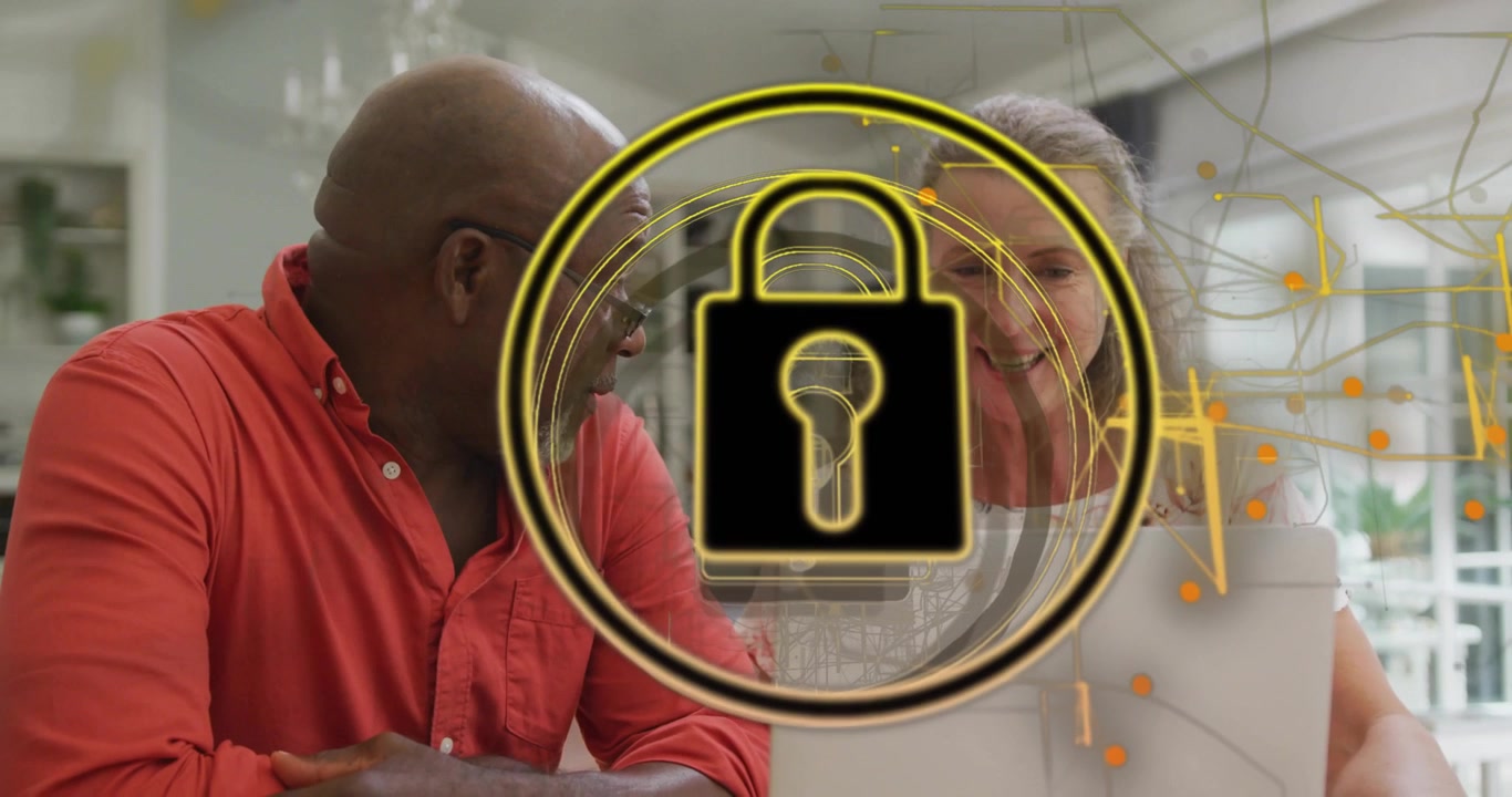 Man leaning in at laptop with woman initiating padlock icon growing swirling ensuring data security