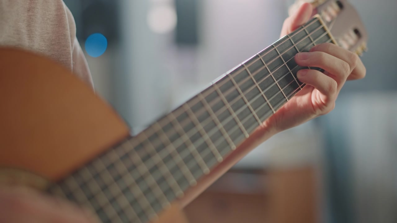 Closeup fingerstyle guitar, expressive fretting motion solo guitarist rehearsing advanced passages in home studio, cinematic backlight, tight focus on fingertips, nuanced dynamics, emotional