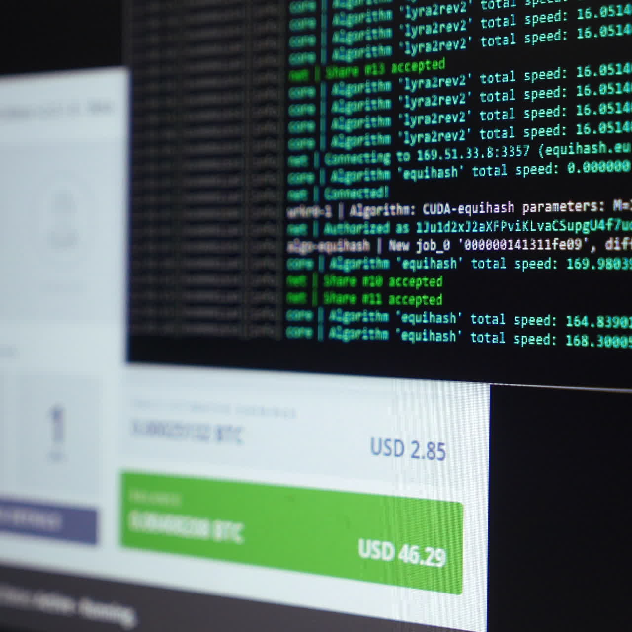Binary computer code. Mining cryptocurrency process program on display PC. Using software. Share found.