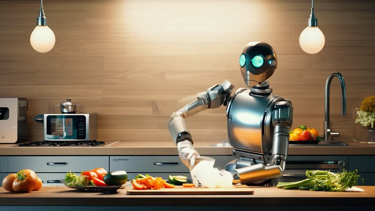 chef robot cocinando en una cocina moderna